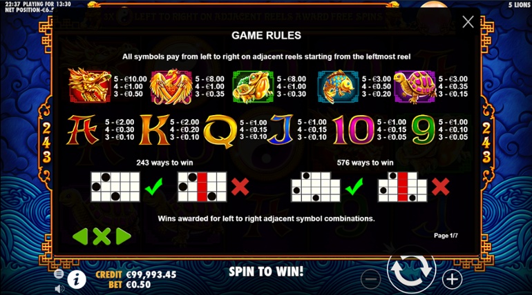 5 Lions slot tabel de plată complet