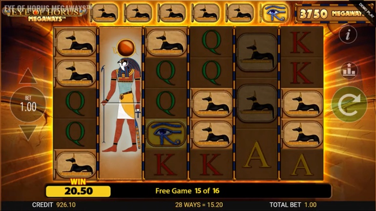 Funcția upgrade la rotirile gratuite Eye of Horus Megaways