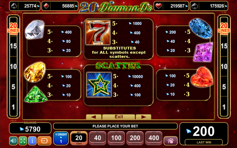 20 Diamonds Paytable