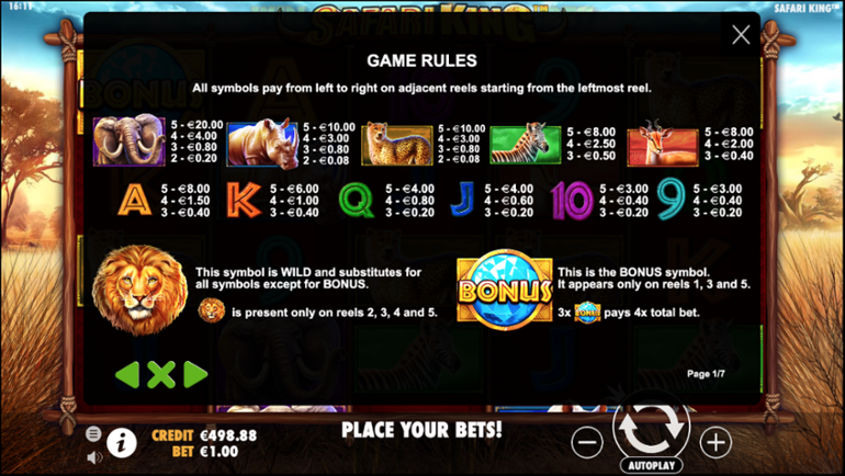 Safari King paytable