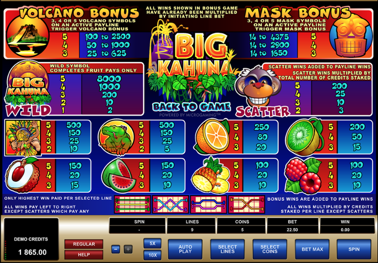 Big Kahuna Paytable