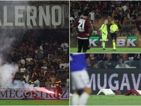 Baraj abandonat la Salerno! Fanii au aruncat scaune, fumigene și petarde » Sampdoria se menține în Serie B