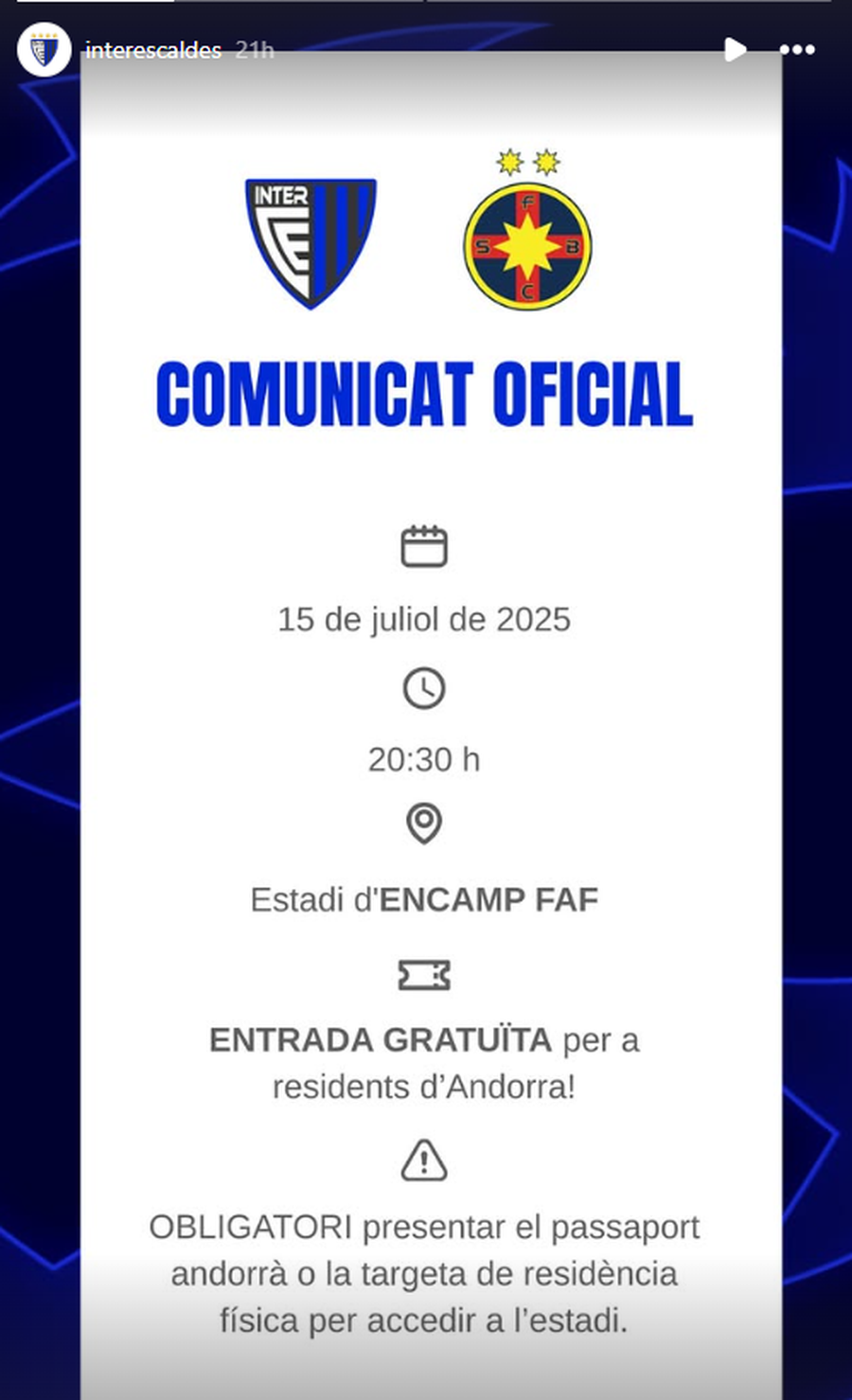 Comunicatul oficial al Inter Club D'Escaldes Decizia Inter Club D'Escaldes în legătură cu accesul la meci