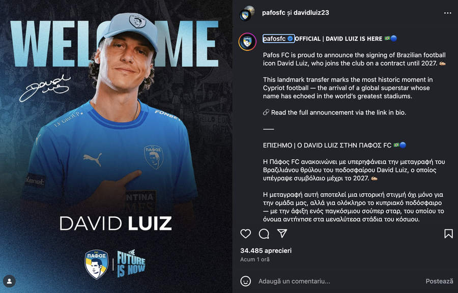 Transferul lui David Luiz, anunțat oficial de Pafos Pafos a realizat un transfer important, Vlad Dragomir se va alătura unui câștigător de Champions League