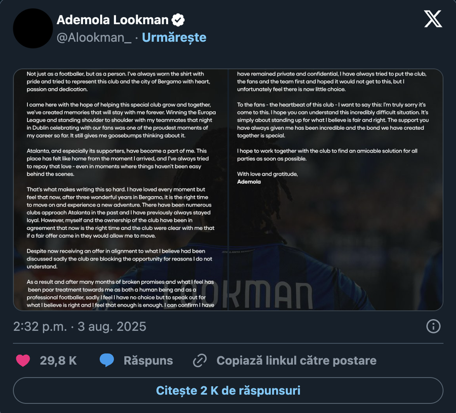 Mesajul postat de Ademola Lookman