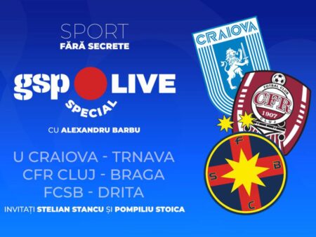 TRANSMISIE ÎN DIRECT DE LA 21:00 – GSP Live Special » CFR Cluj, FCSB și Universitatea Craiova în turul III preliminar! Alex Barbu analizează cele trei confruntări europene cu invitații săi.