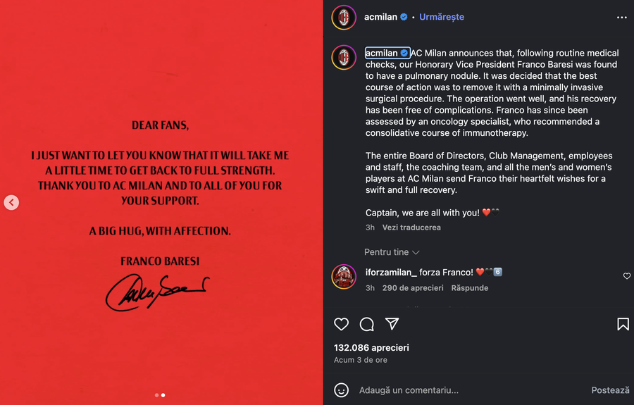 Mesajul lui Franco Baresi, însoțit de cel al clubului Milanez Comunicat AC Milan: legenda Franco Baresi a suferit o intervenție chirurgicală complicată