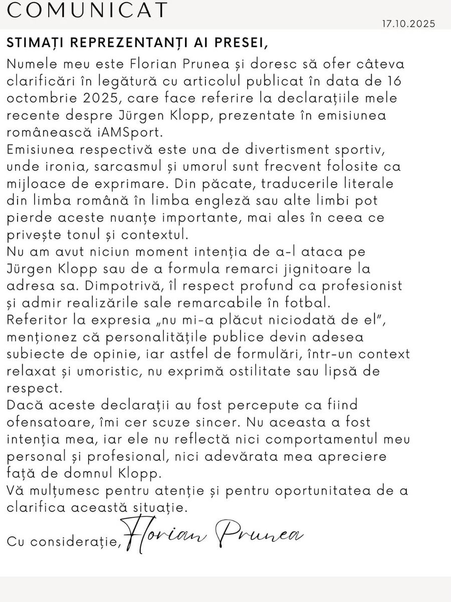 Scrisoare Florin Prunea / Foto: Instagram Florin Prunea a venit cu explicații după jignirile la adresa lui Jurgen Klopp: „Context relaxat și umoristic”