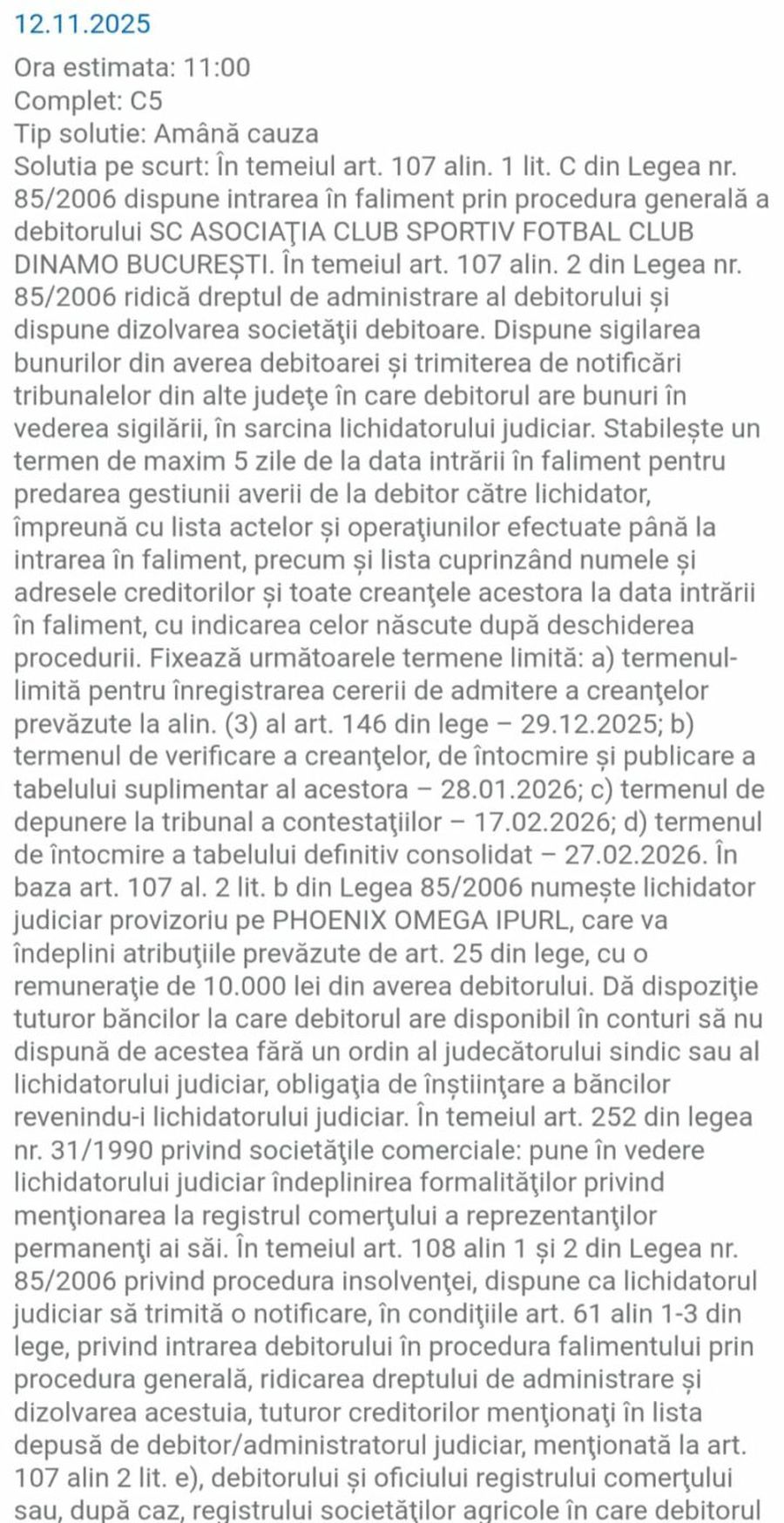 ACS FC Dinamo a intrat în faliment