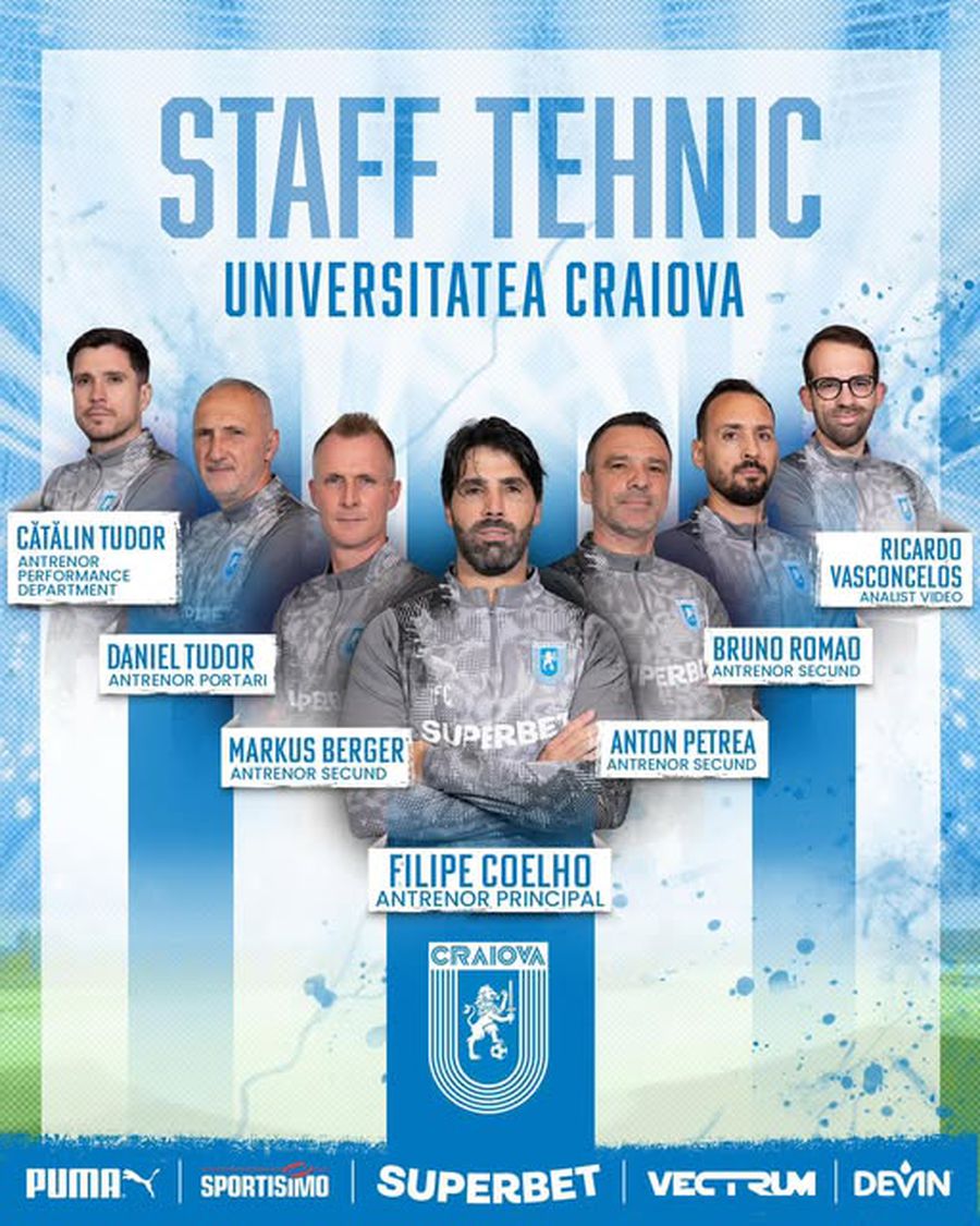 Universitatea Craiova și-a prezentat echipa tehnică: Toni Petrea a fost confirmat și trei asistenți pentru Filipe Coelho