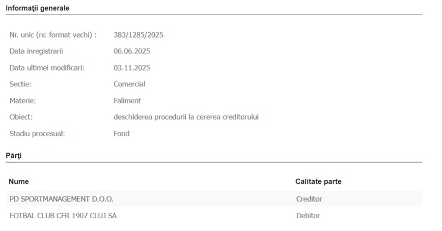 CFR Cluj, acționată în instanță FOTO: portal.just CFR Cluj, obligată să intre în insolvență?! Reacția lui Varga: „E doar o chestiune de zile”