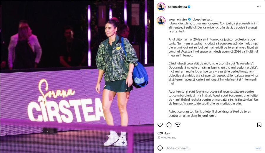 Sorana Cîrstea și-a anunțat retragerea din tenis: „Orice lucru în viață trebuie să ajungă la un final”