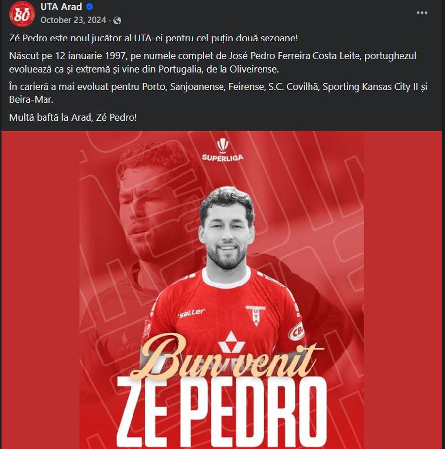 UTA îl prezenta pe Ze Pedro drept fotbalistul echipei pentru „cel puțin două sezoane”. A rezistat 3 luni la Arad și a încasat 60.000 de euro Caz șocant în Superliga: fotbalist plătit cu 10.000 € la fiecare 10 minute!