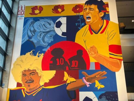 Muralul de 90 m² cu Gheorghe Hagi și un mare rival, finanțat de Ambasada Columbiei, a fost inaugurat la Arena Națională.